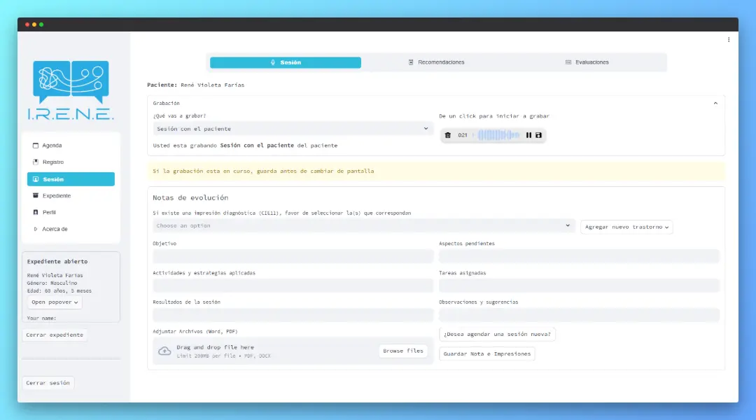 Pantalla de grabación de sesión psicológica con el paciente con IRENE